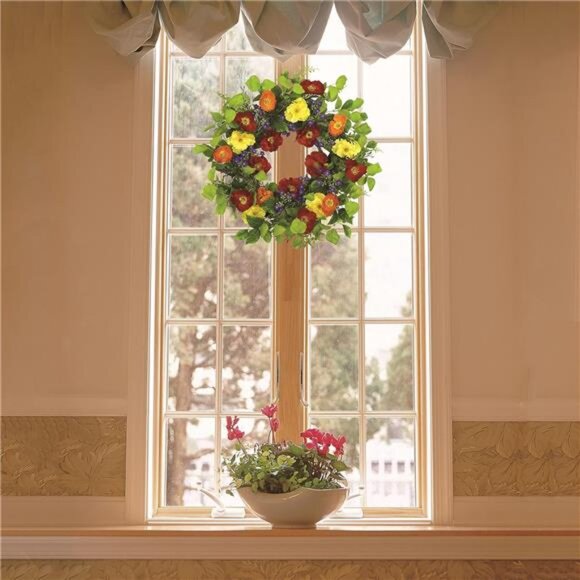 22” Artificial Spring Wreath for Front Door Summer Wreath with Colorful Poppy - Picture 13 of 16